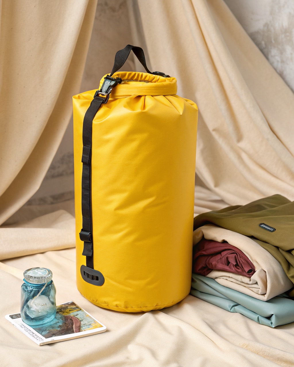Yellow PU-coated nylon dry bag rolled and buckled closed, with a clear viewing panel showing gear inside