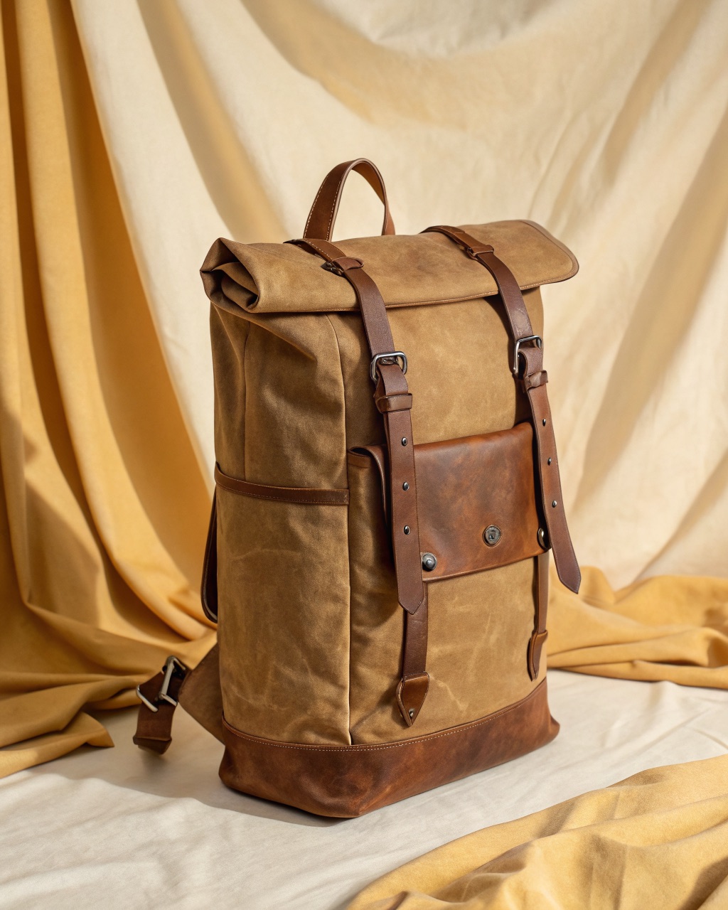 Field tan waxed canvas roll-top rucksack standing upright with two buckled leather straps and padded shoulder straps