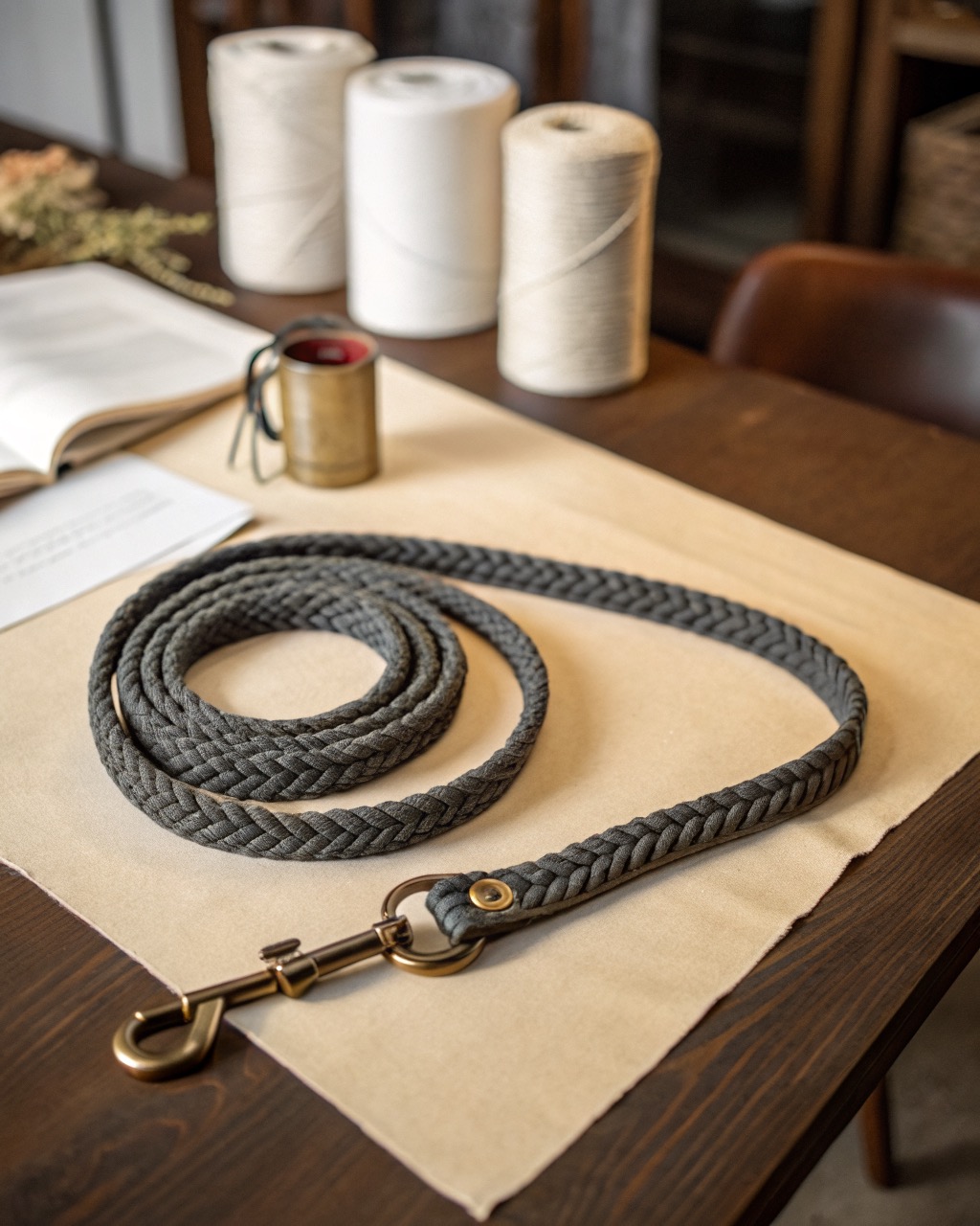 Slate braided climbing-rope dog leash coiled on a white surface with a leather-wrapped handle loop and brass trigger snap