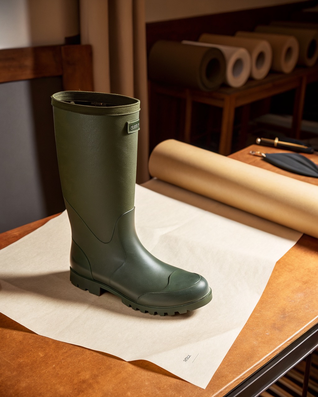 single dark green tall natural rubber rain boot in side profile on a plain pale backdrop, cleated sole and adjustable calf buckle