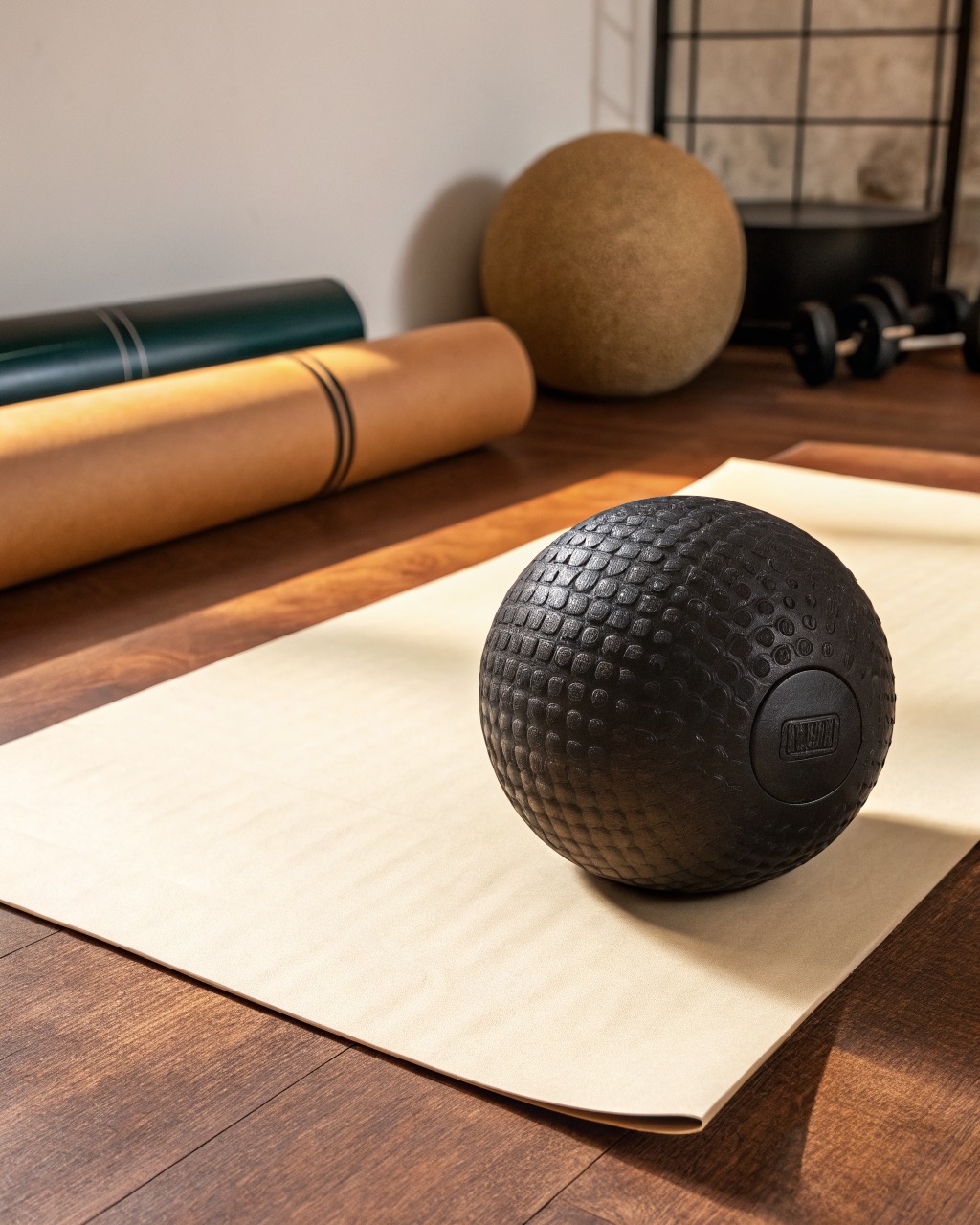 Black 9 kg textured rubber slam ball resting on a concrete gym floor, shown straight on against a plain wall