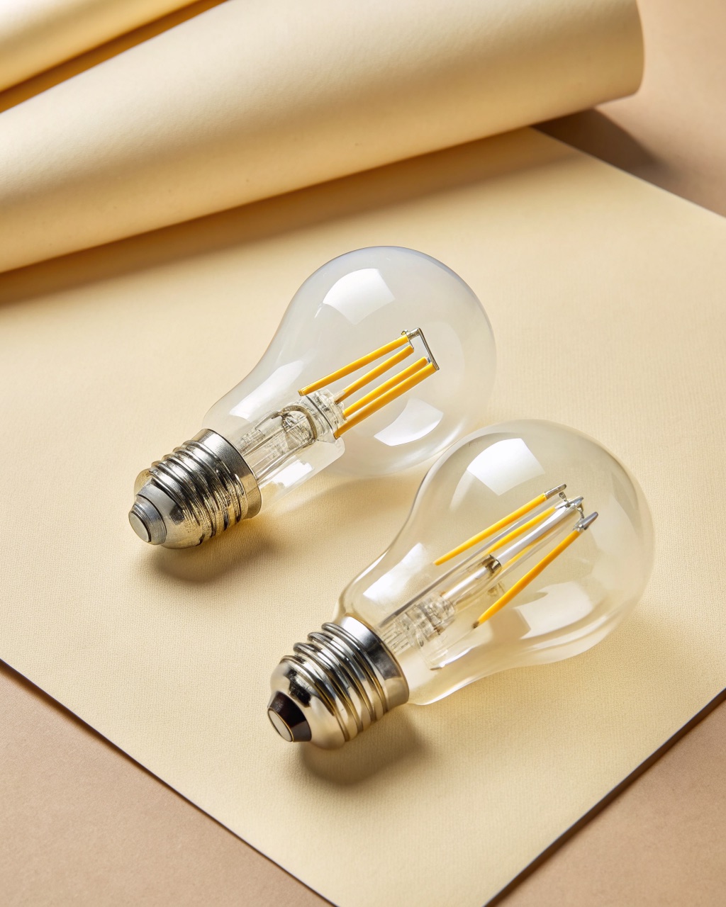 Two frosted glass A19 LED bulbs with visible filament tubes inside and standard screw bases, lying on a white surface