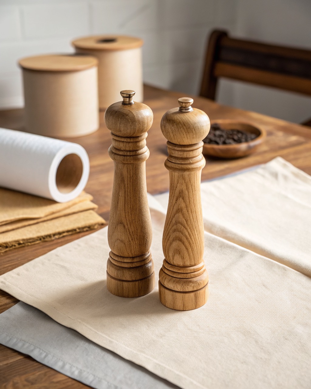 Pair of tall turned beech salt and pepper mills standing side by side on a white studio background