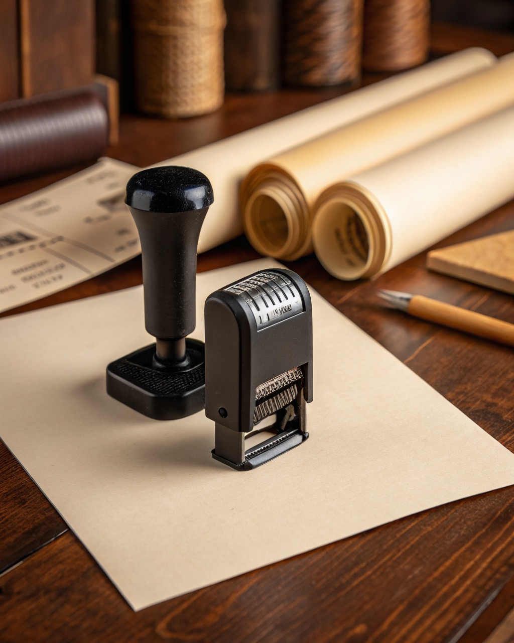 Black self-inking date stamp standing upright with date bands and thumbwheel visible, a crisp dated impression on paper beside it