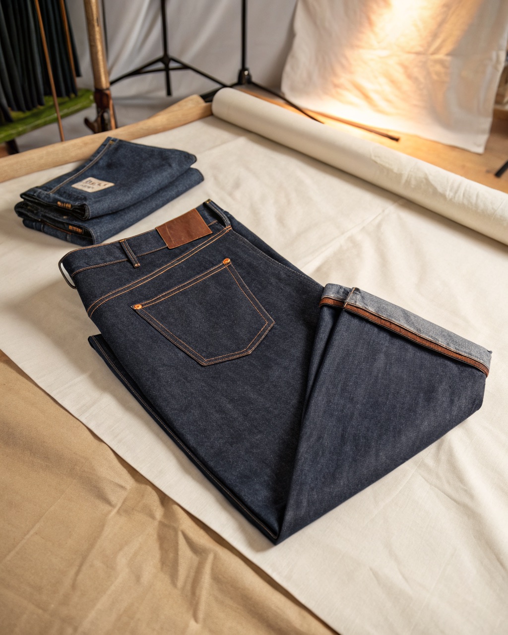 Raw indigo selvedge denim trousers laid flat with a cuffed hem showing the self-edge and copper rivets
