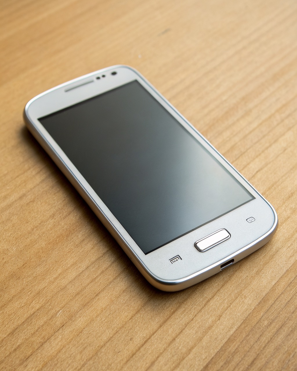 Silver smartphone with a high-contrast on-screen keypad of oversized digits, single rear camera, and a small physical button on the back, no branding
