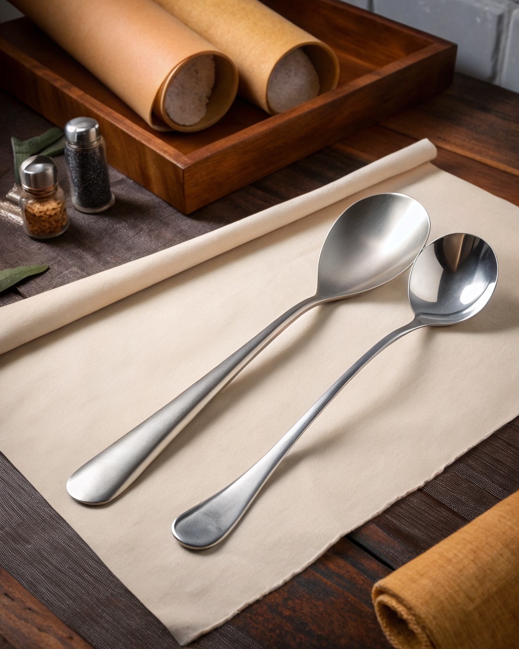 Two large brushed stainless steel serving spoons, one solid and one slotted, crossed on a white studio background