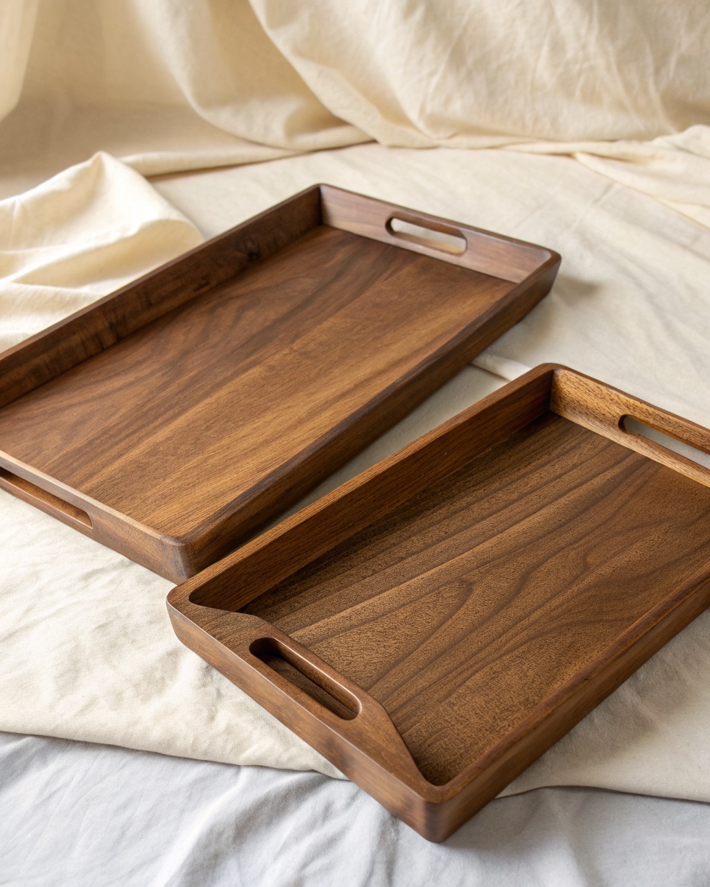 Two rectangular acacia wood serving trays in graduated sizes with raised lips and cutout handles, warm brown grain