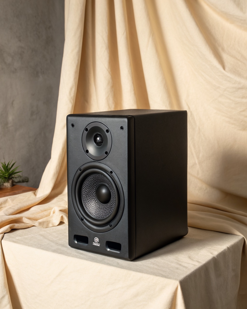 Single black active studio monitor with a matte vinyl-wrapped cabinet, woven cone woofer, and a small front volume knob