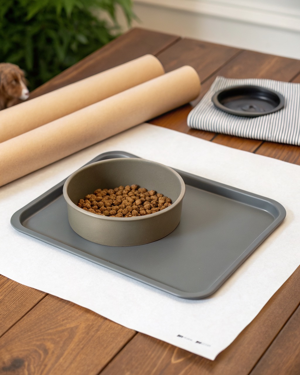 Graphite food-grade silicone pet feeding mat with a raised edge lip photographed flat from above on a white background