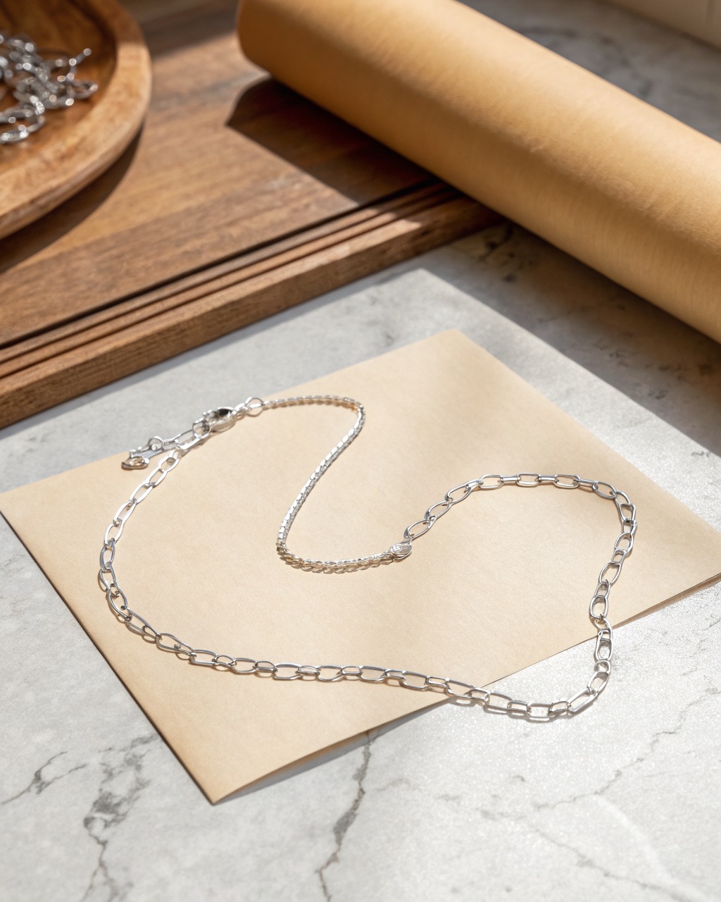 fine sterling silver figaro anklet chain laid in a loose curve on a pale stone surface, links reflecting soft light