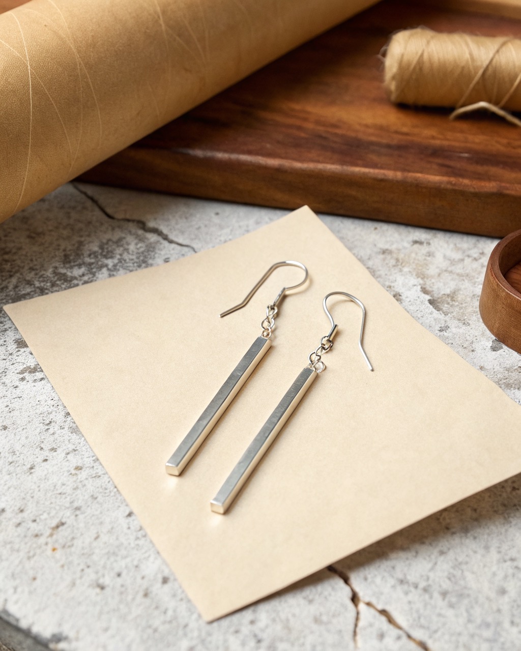pair of slim brushed silver bar drop earrings hanging against a pale stone surface, soft vertical reflections on the bars
