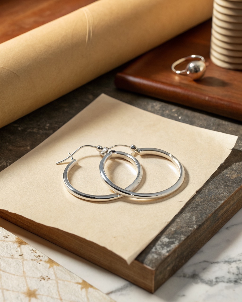 pair of polished sterling silver hoop earrings resting on a pale stone surface, bright reflections along the round tube
