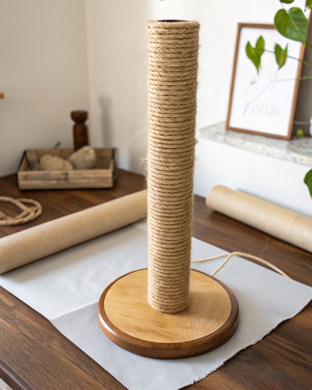 Tall natural sisal-rope cat scratching post on a round birch plywood base photographed straight on against a white background
