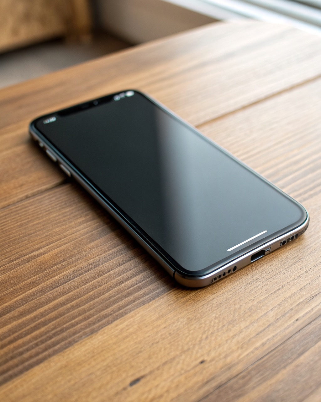 Matte graphite slab smartphone shown front and three-quarter angle, edge-to-edge dark screen, slim aluminum frame, triple rear camera, no visible branding