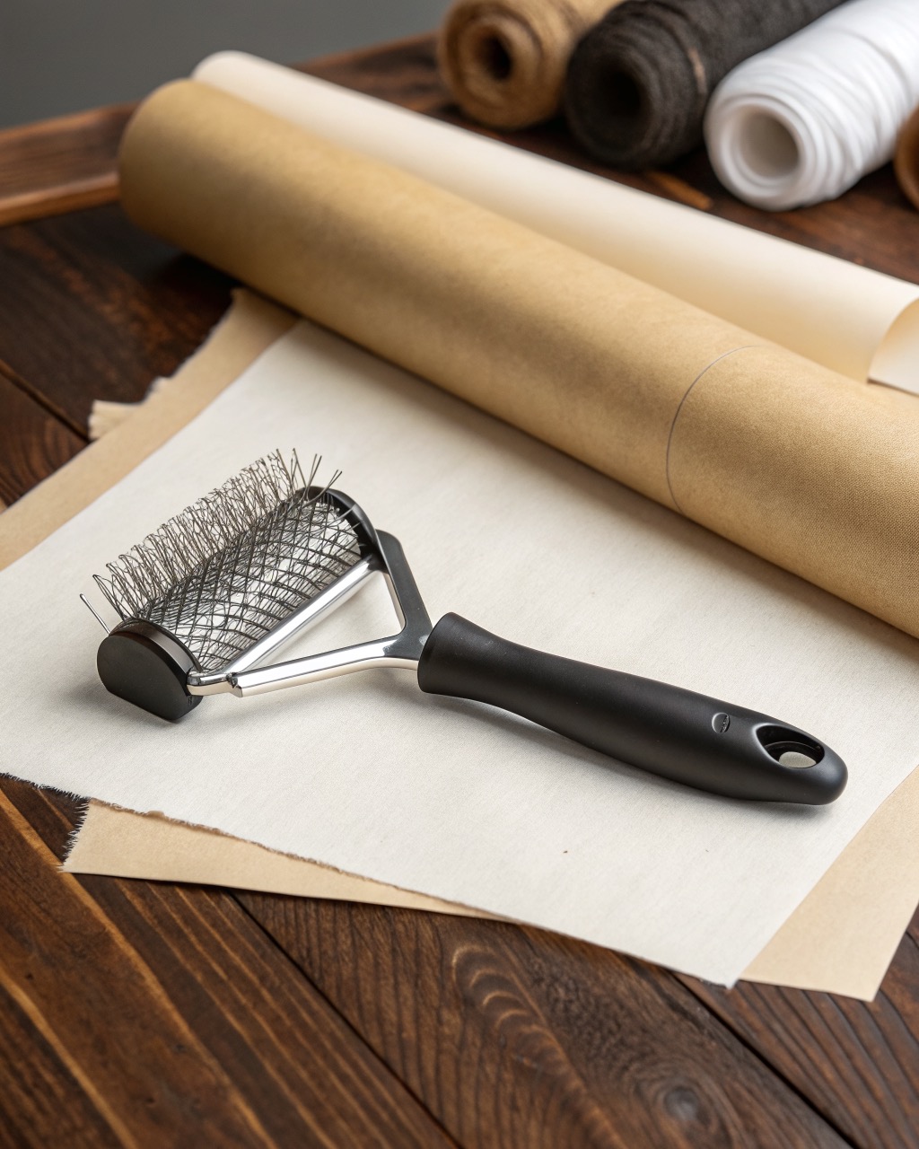 Slicker pet grooming brush with fine stainless wire pins and a black rubberized handle photographed flat on a white background
