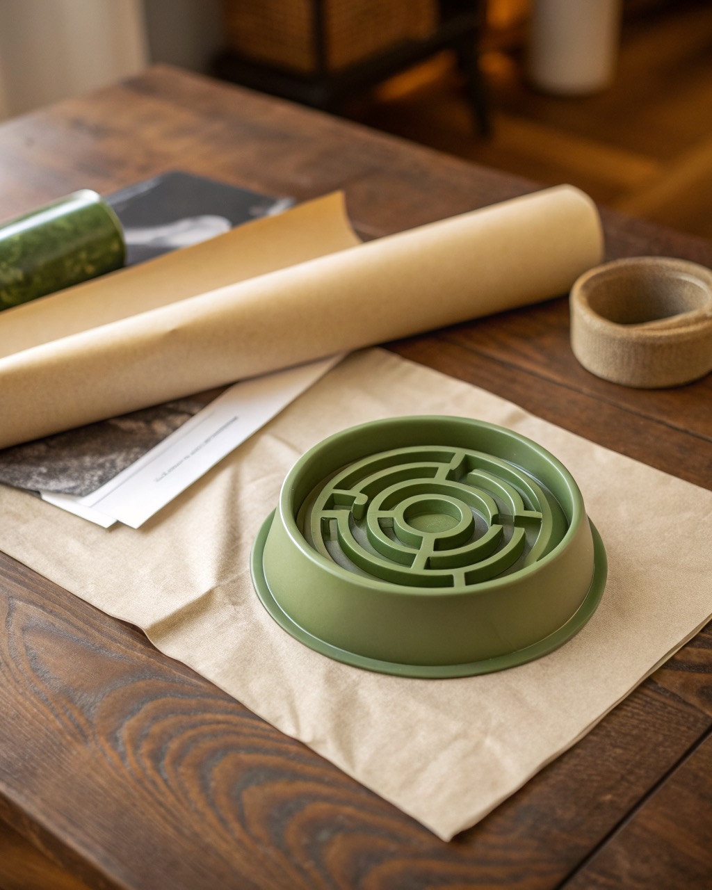 Moss green slow-feeder dog bowl seen from above showing the raised maze pattern molded into the base on a white surface