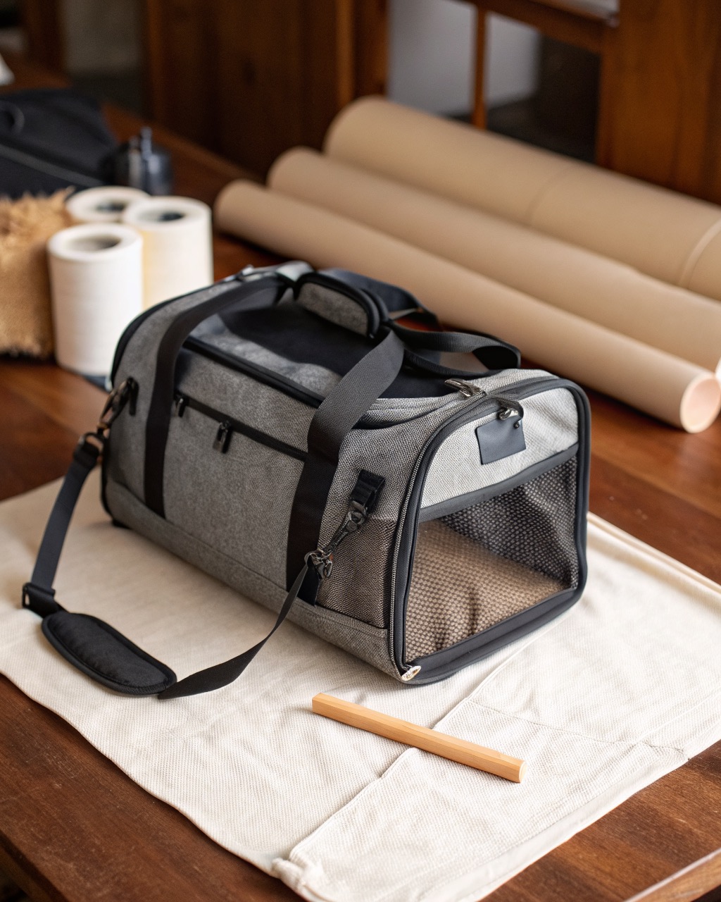 Graphite soft-sided pet carrier with black mesh ventilation panels and a padded shoulder strap photographed three-quarter on a white background