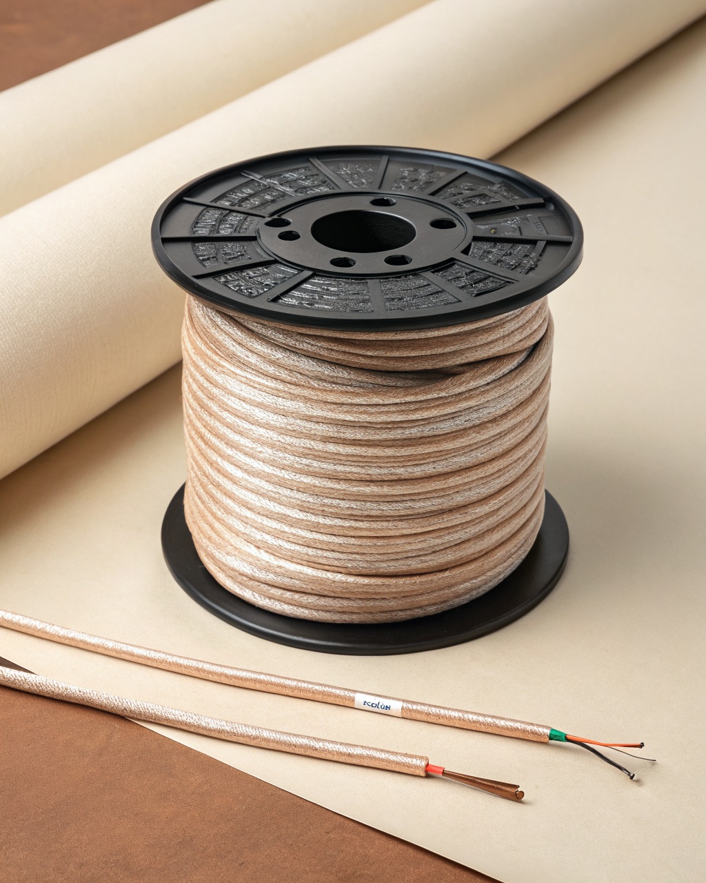 Spool of two-conductor speaker cable with clear insulation showing copper strands and a printed polarity stripe on one side