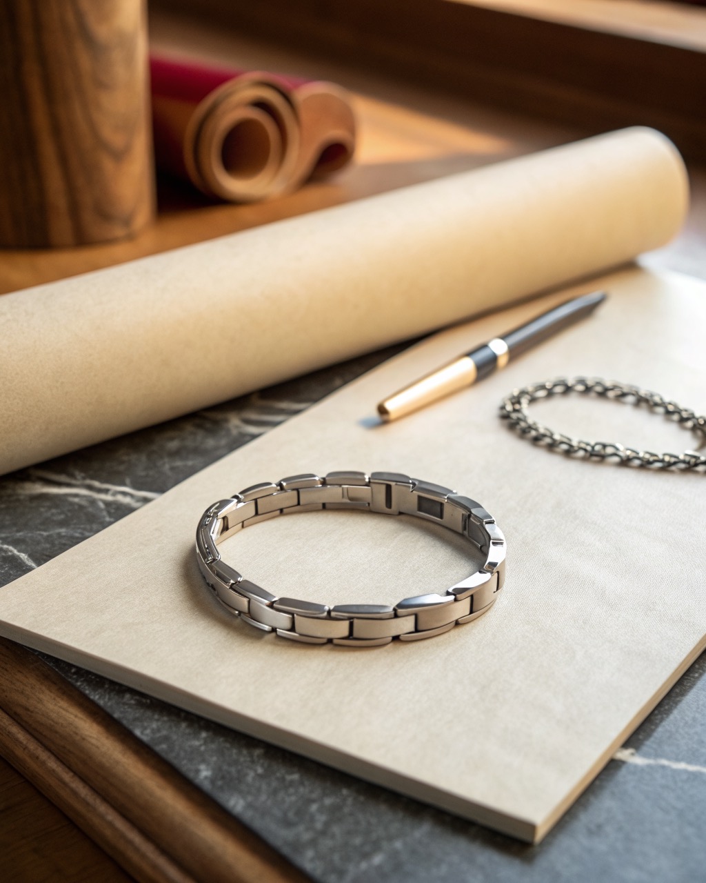 brushed stainless steel flat-link bracelet laid in a curve on a pale stone surface, fold-over clasp catching soft light