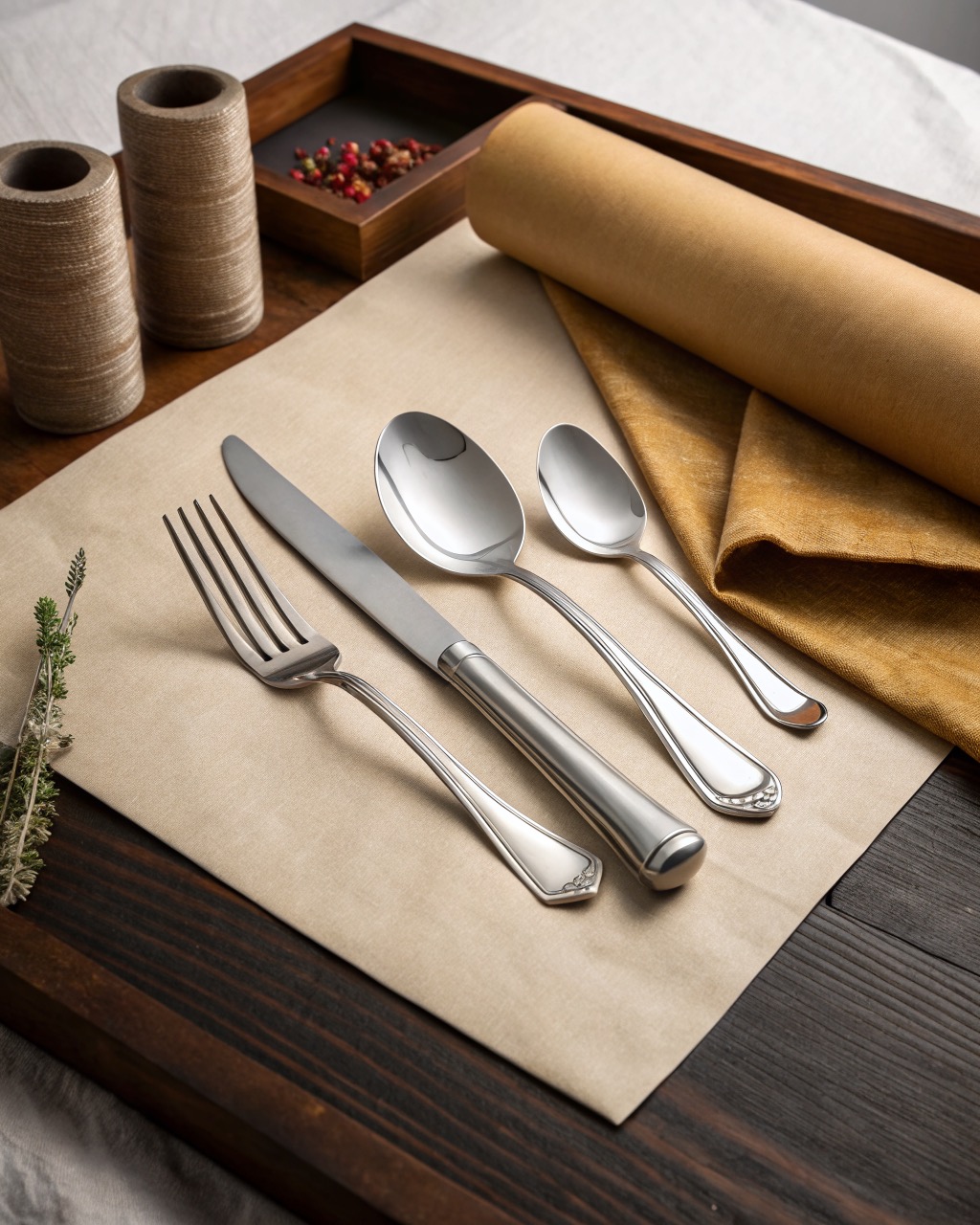 Brushed satin stainless steel flatware set with knife fork and spoons laid out in a fan on a white studio background
