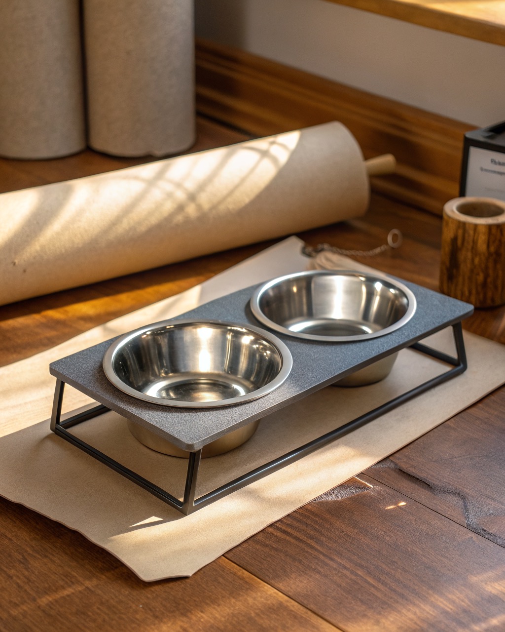 Two stainless steel pet bowls seated in a graphite powder-coated raised stand on a white surface, three-quarter view