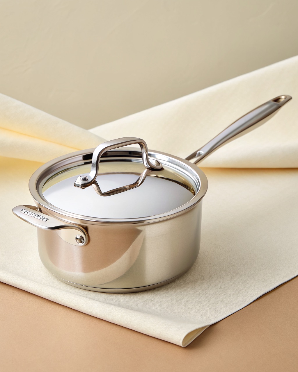 Polished tri-ply stainless steel saucepan with a riveted hollow handle and matching vented lid