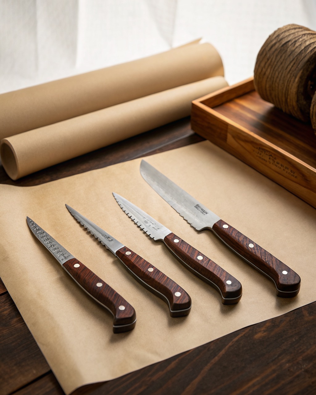 Four steak knives with micro-serrated steel blades and dark riveted pakkawood handles laid in a row on a white background