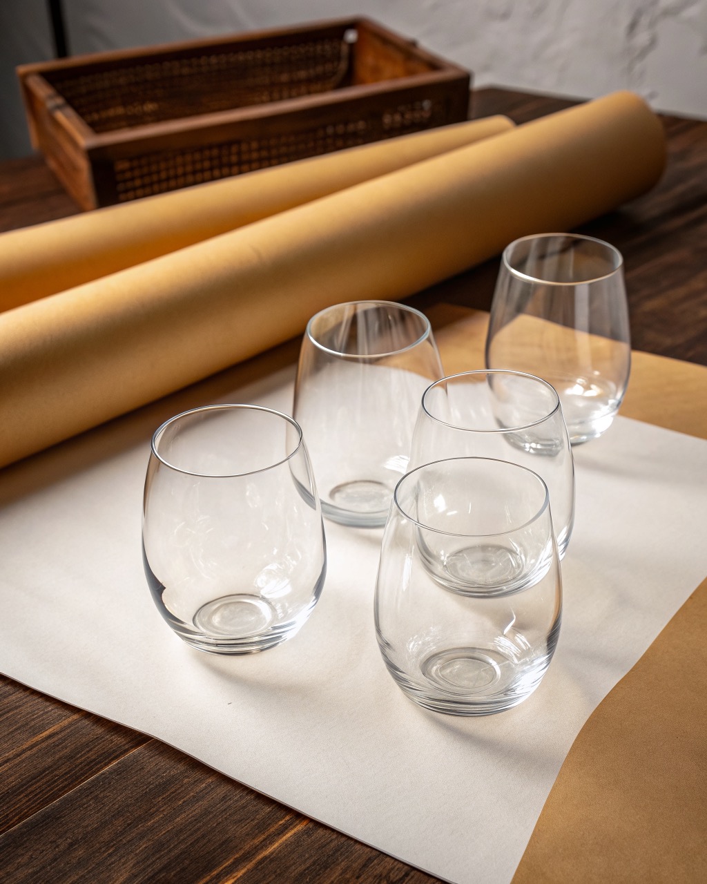 Four clear stemless crystal wine glasses with wide bowls arranged in a cluster on a white studio background