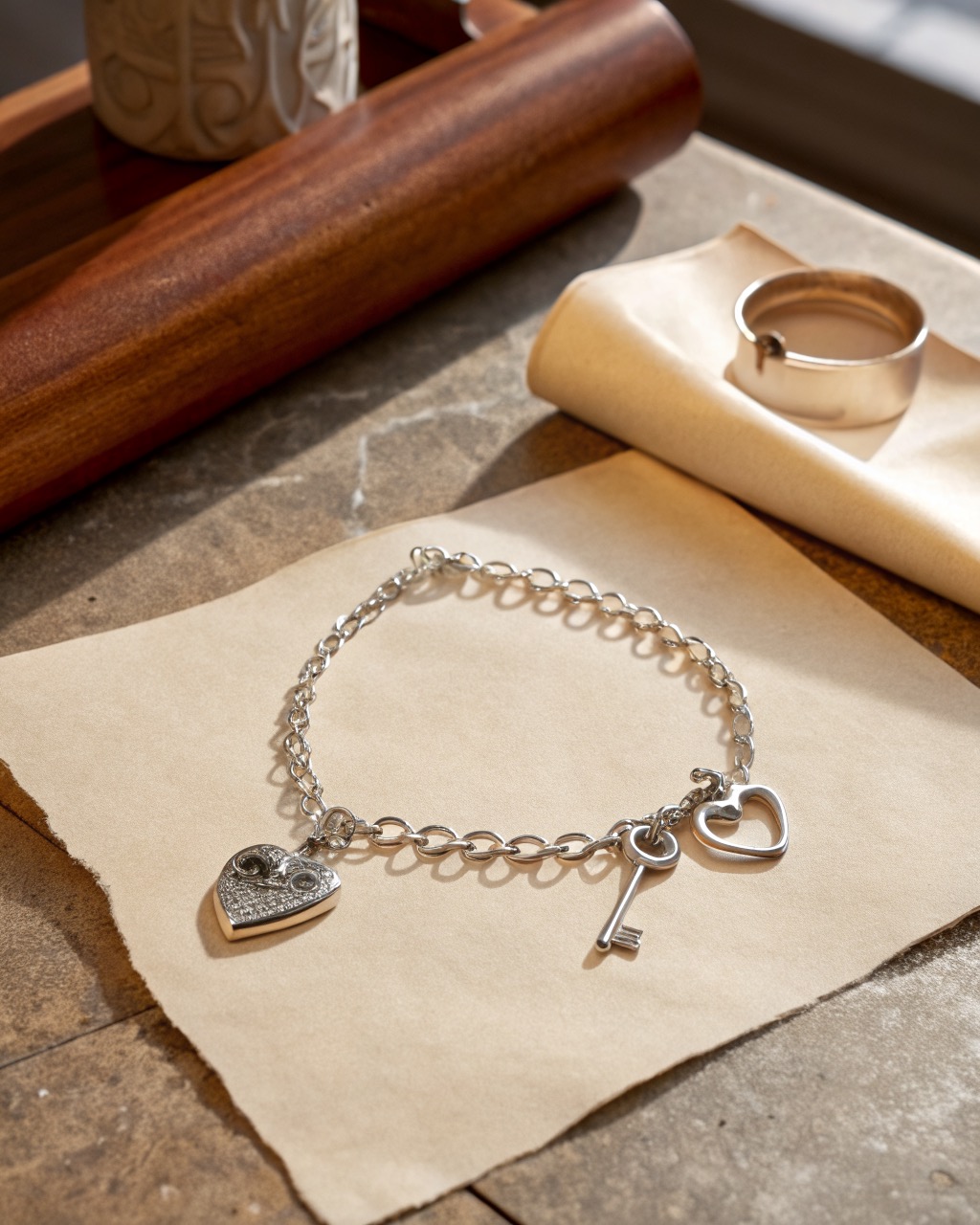 sterling silver charm bracelet with a heart and key charm laid in a curve on a pale stone surface, soft reflections on the links