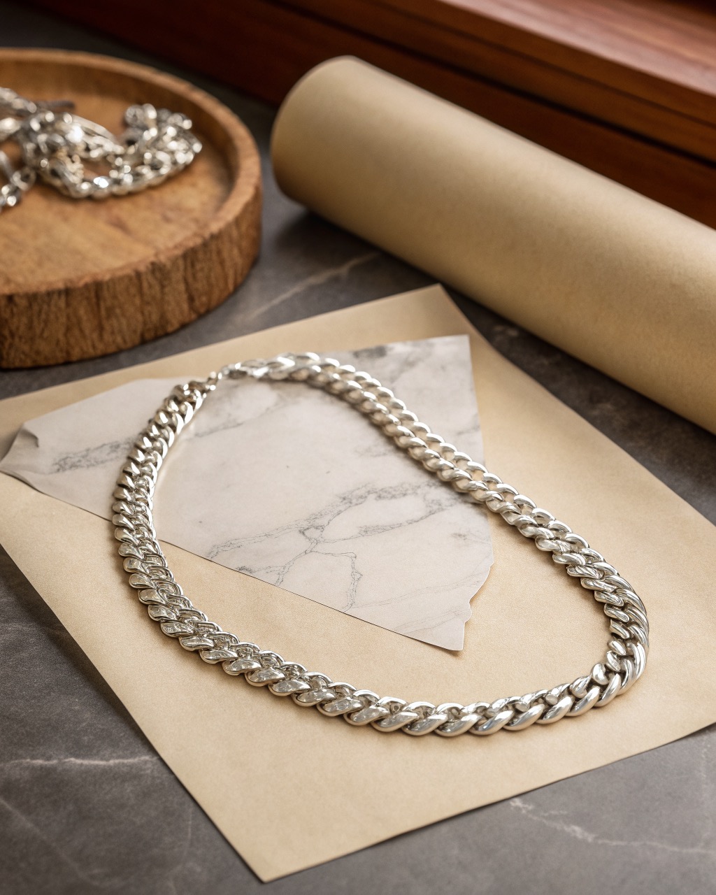 heavy diamond-cut sterling silver curb chain necklace coiled on a pale stone surface, faceted links reflecting soft light