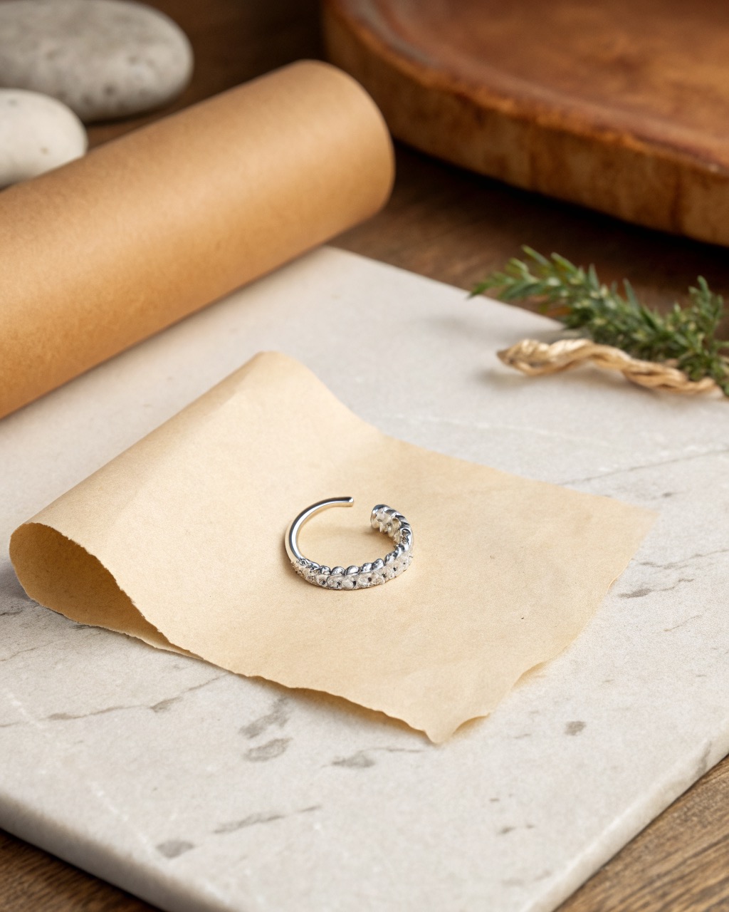 single open sterling silver ear cuff resting on a pale stone surface, polished wire curving with a soft highlight
