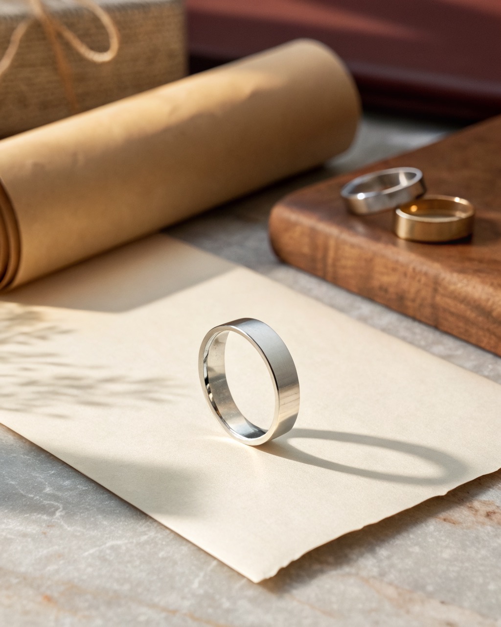 polished sterling silver flat band ring standing upright on a pale stone surface, soft reflection and shadow