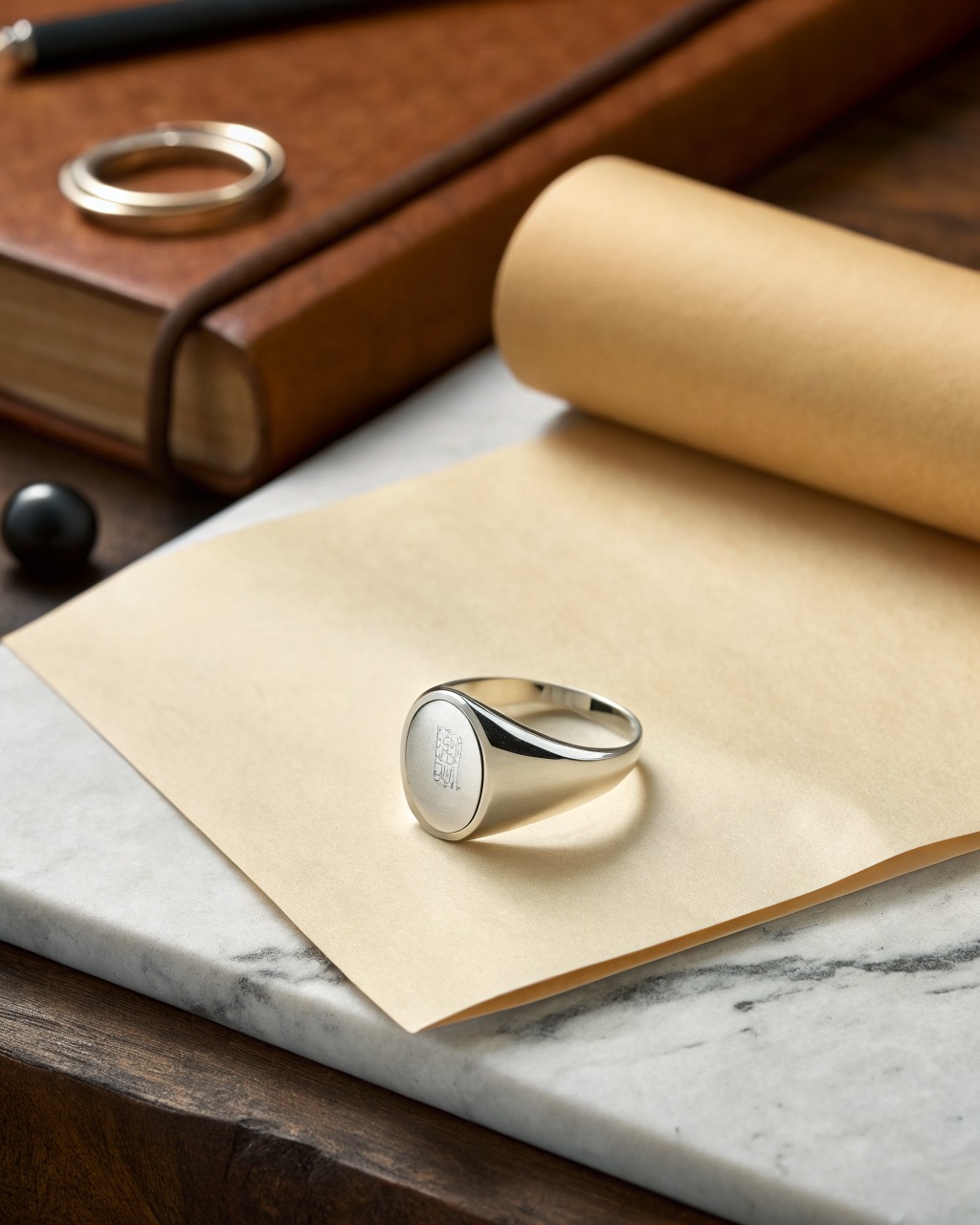 sterling silver oval signet ring with a blank polished face resting on a pale stone surface, soft side lighting and shadow