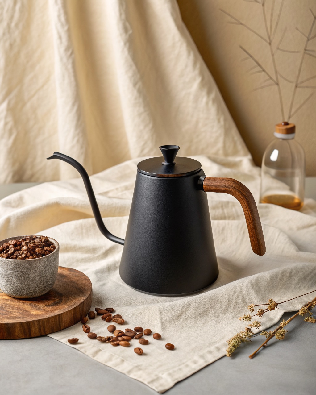 Matte black enamel gooseneck kettle with a walnut handle, photographed on a gas burner