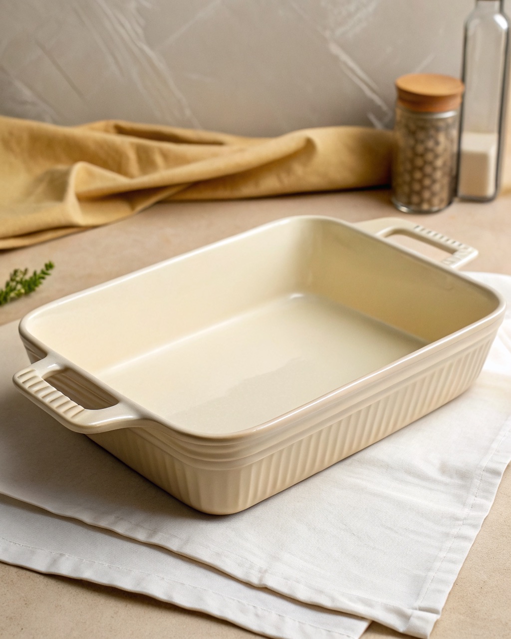 Rectangular cream-glazed stoneware baking dish with molded side handles, viewed from above on a wooden surface