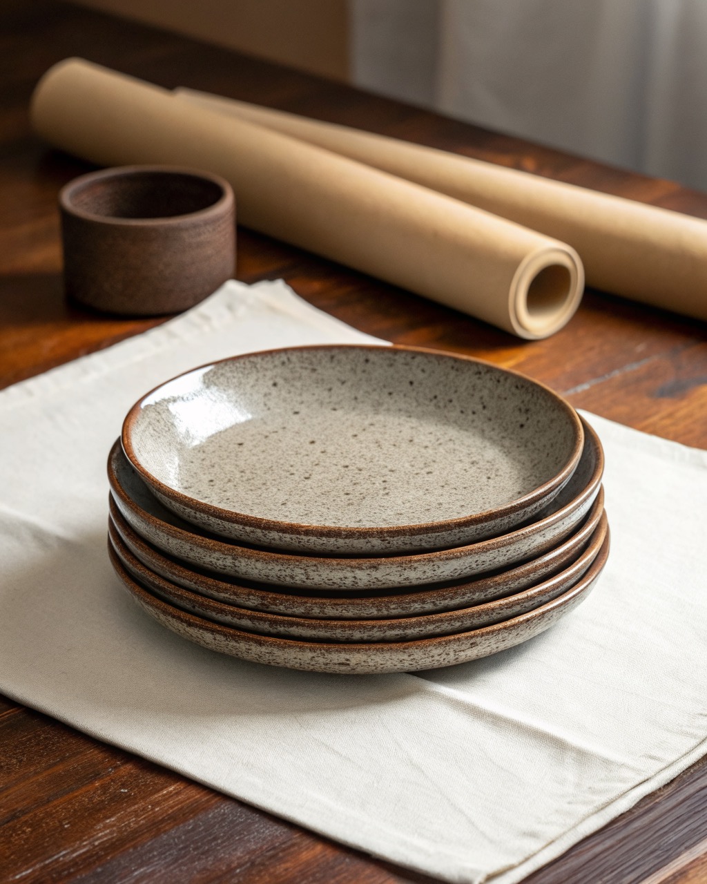 Stack of four speckled dark stoneware dinner plates with a matte unglazed rim, viewed at a slight angle on a white background