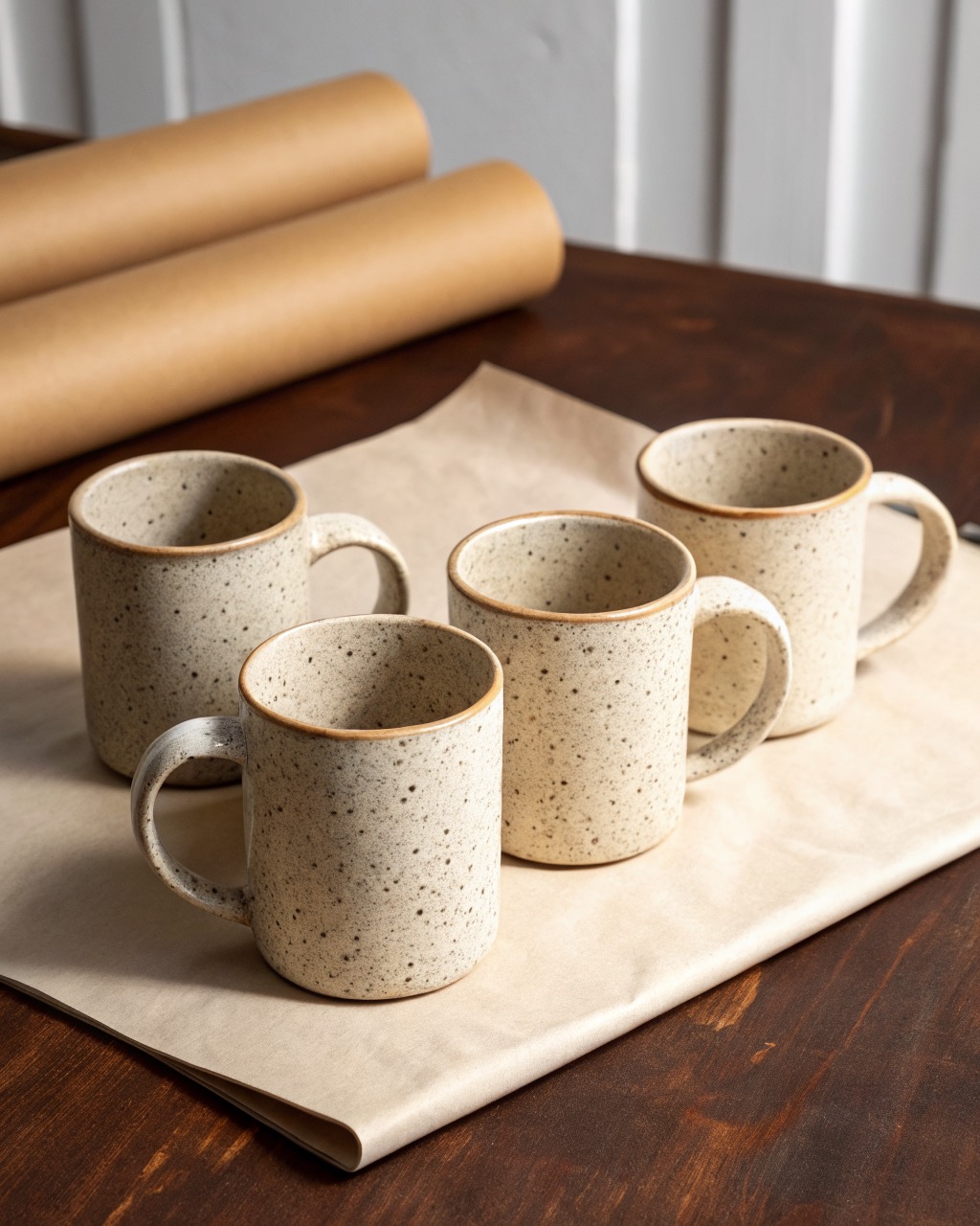 Four speckled stoneware mugs with looped handles arranged in a row, two facing forward, on a white background