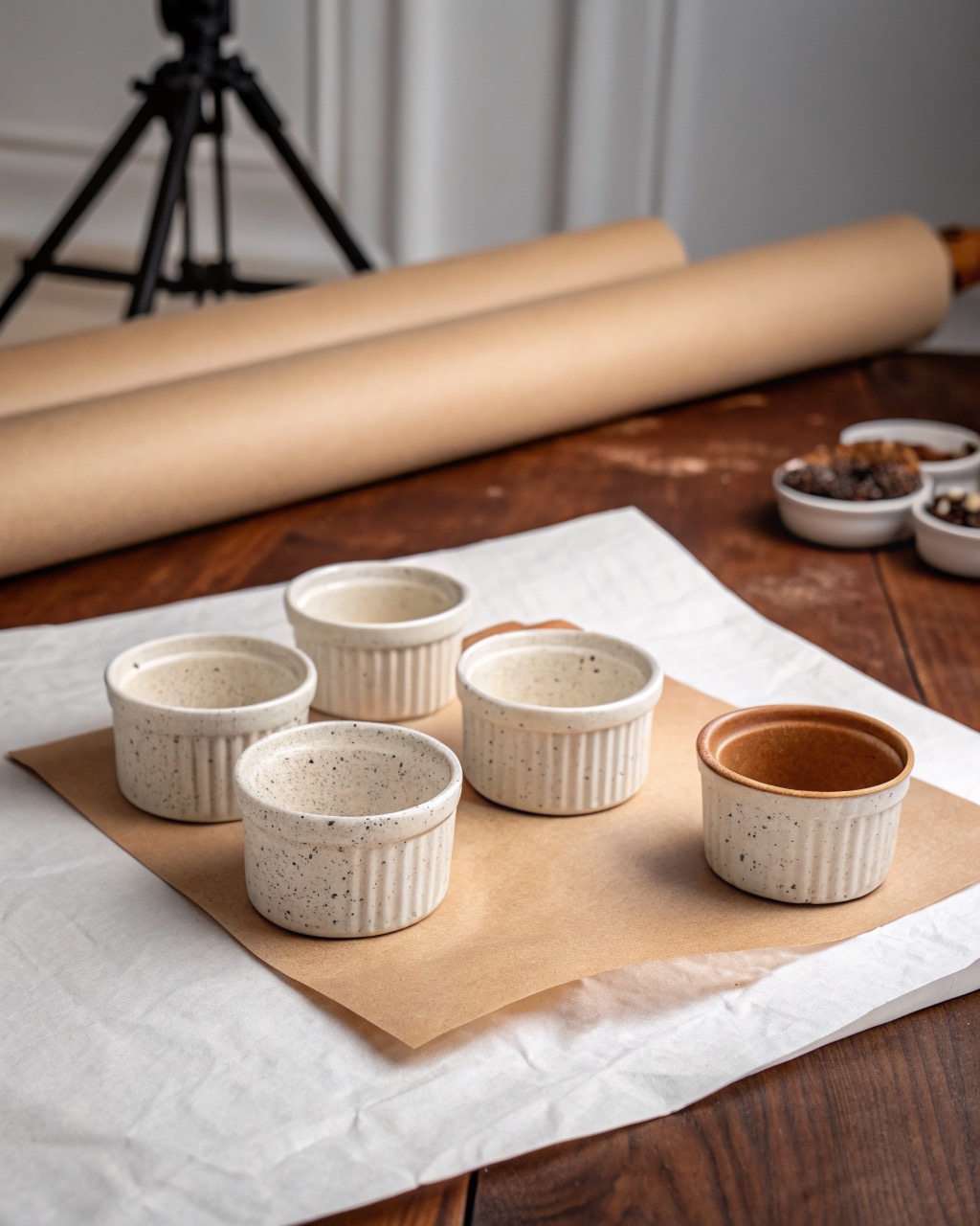 Six small speckled stoneware ramekins with a fluted exterior, grouped and one set forward on a white studio background