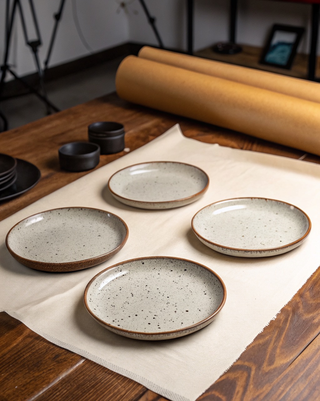 Four small speckled dark stoneware side plates with matte rims, fanned out on a white background in studio light
