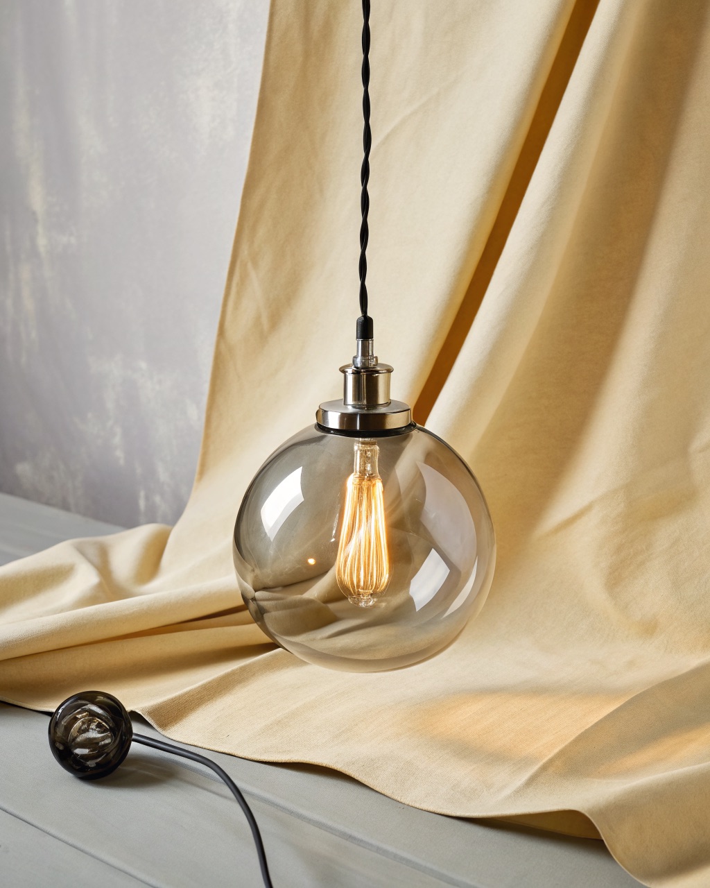 Single-socket pendant light with a smoked grey handblown glass globe on a black cord