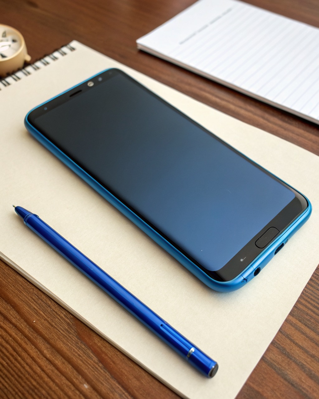 Ink-blue large smartphone with its slim stylus pulled partly from the silo at the bottom edge, triple rear camera, flat screen, no branding