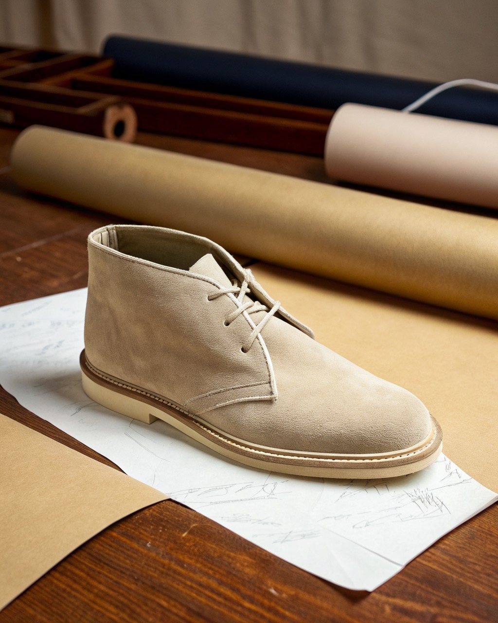 single sand suede two-eyelet desert boot in side profile on a plain pale backdrop, pale crepe rubber sole, soft napped upper