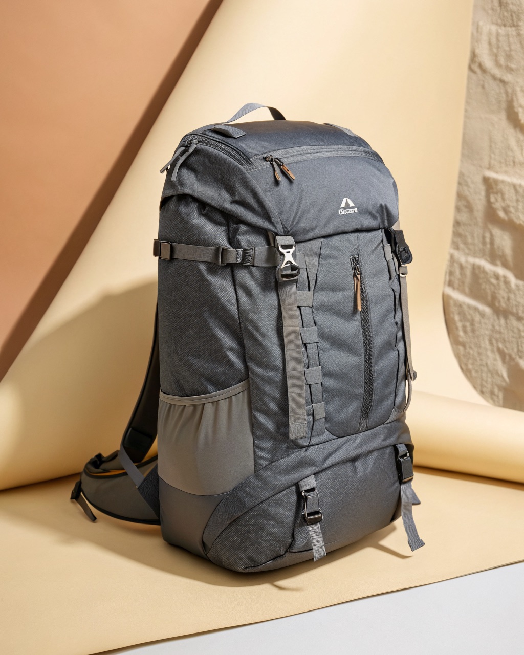 Charcoal grey 28-liter roll-top daypack standing upright, showing the stretch front pocket, side compression straps, and padded hip belt