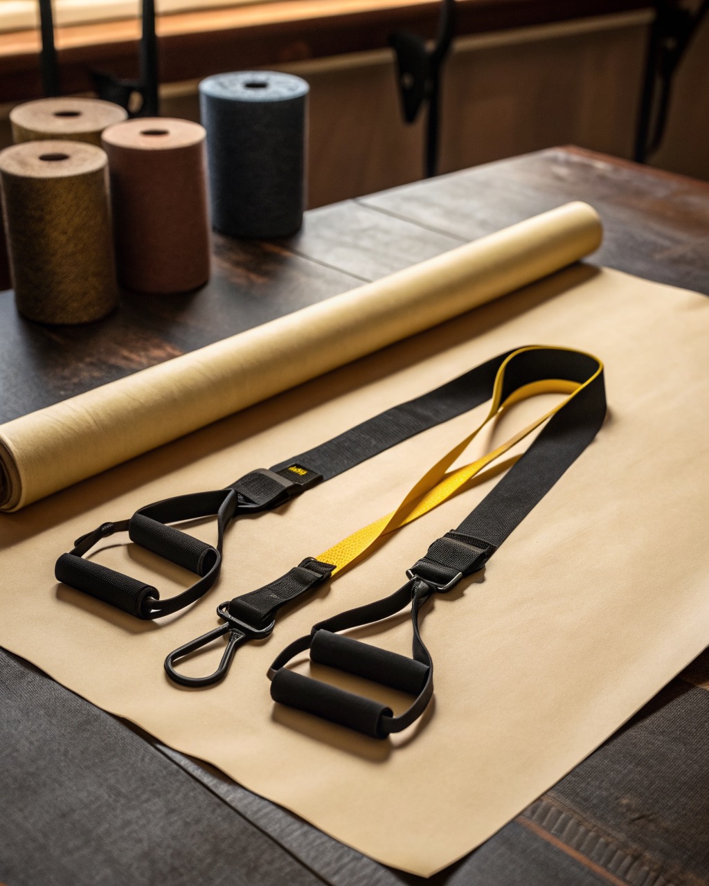 Black and yellow suspension trainer straps with foam handles laid out flat on a concrete floor, anchor strap at top