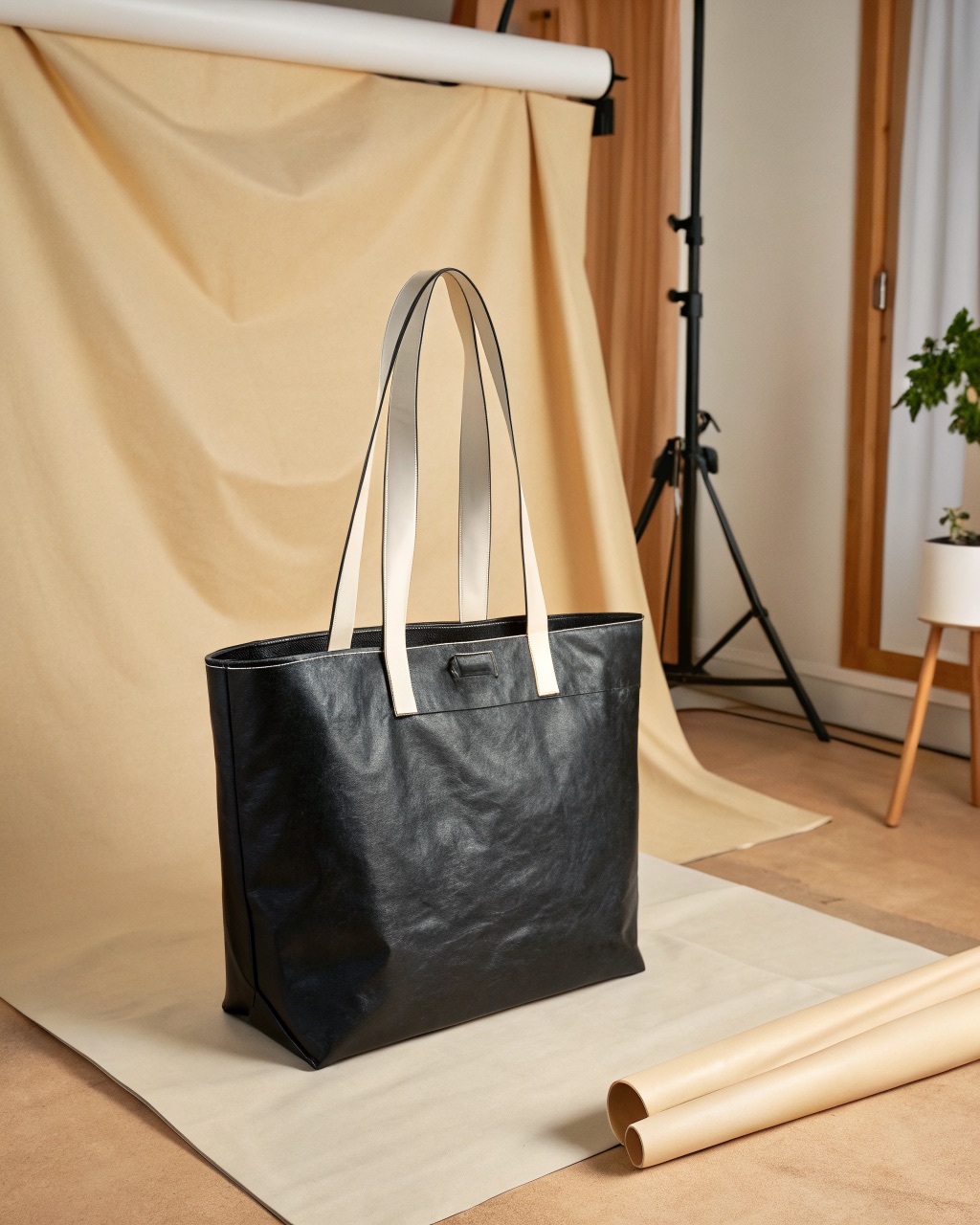 Black PVC tarpaulin tote bag standing upright with cotton webbing handles visible