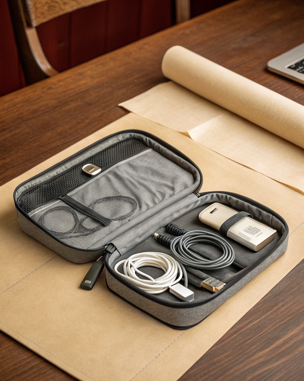 Graphite coated-polyester tech cable organizer case shown open and flat with elastic loops holding coiled cables and two zip mesh pockets