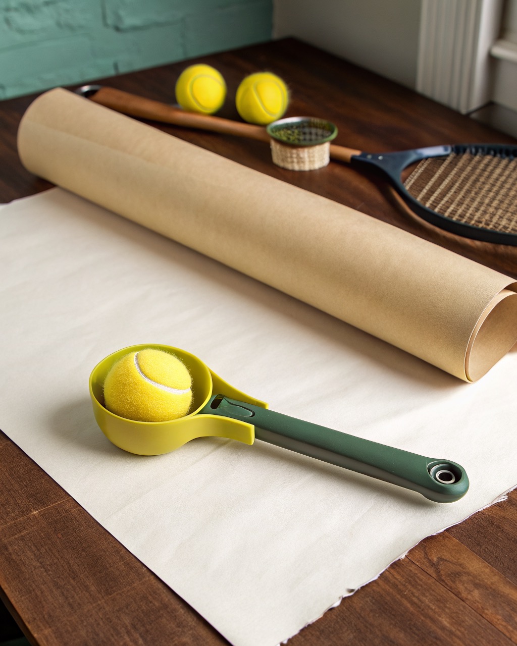 Long-handled nylon tennis ball launcher with a yellow ball held in the scoop cup, photographed flat on a white background