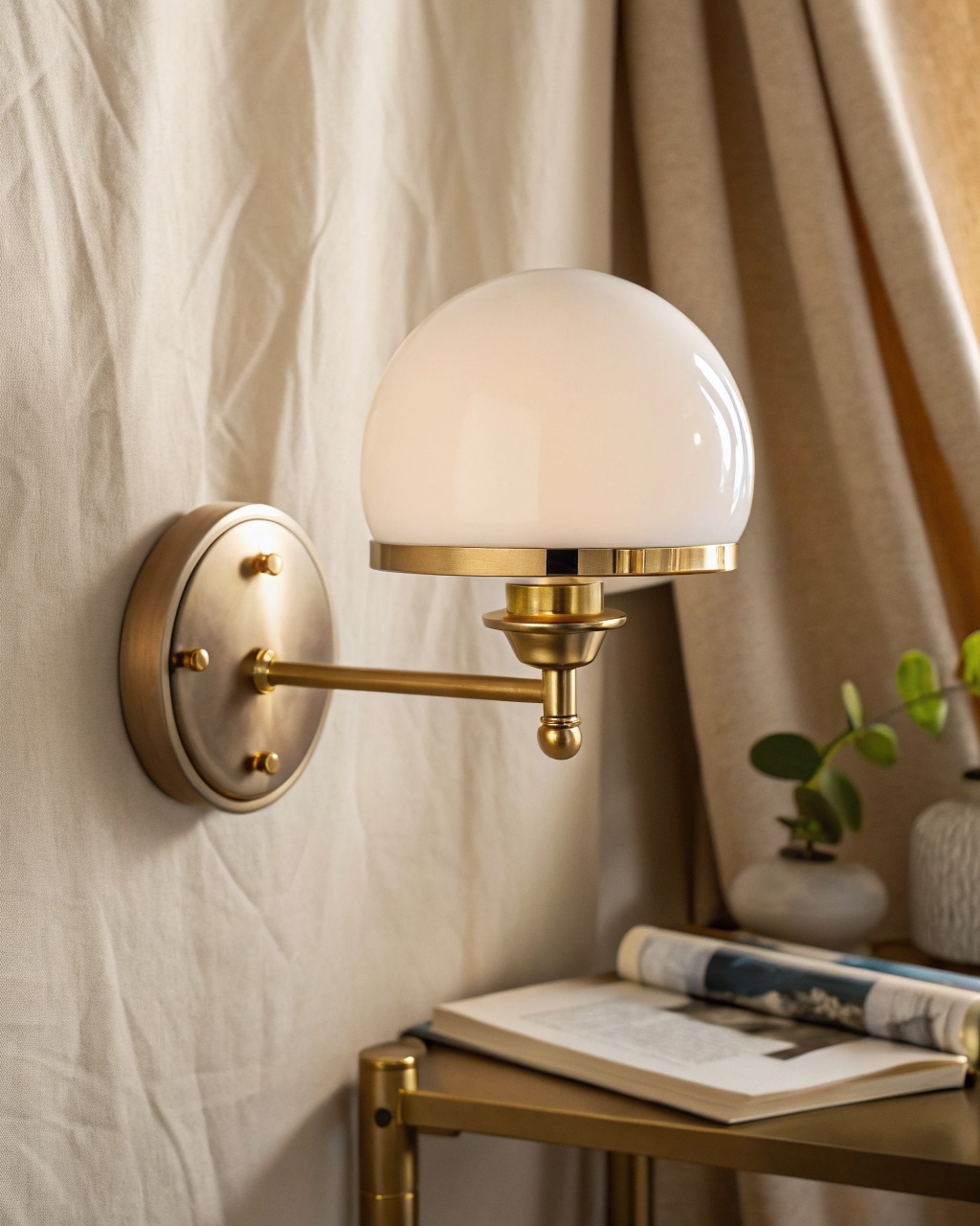 Plug-in wall sconce with a smooth opal-white glass dome shade and a brass back plate with a USB port underneath