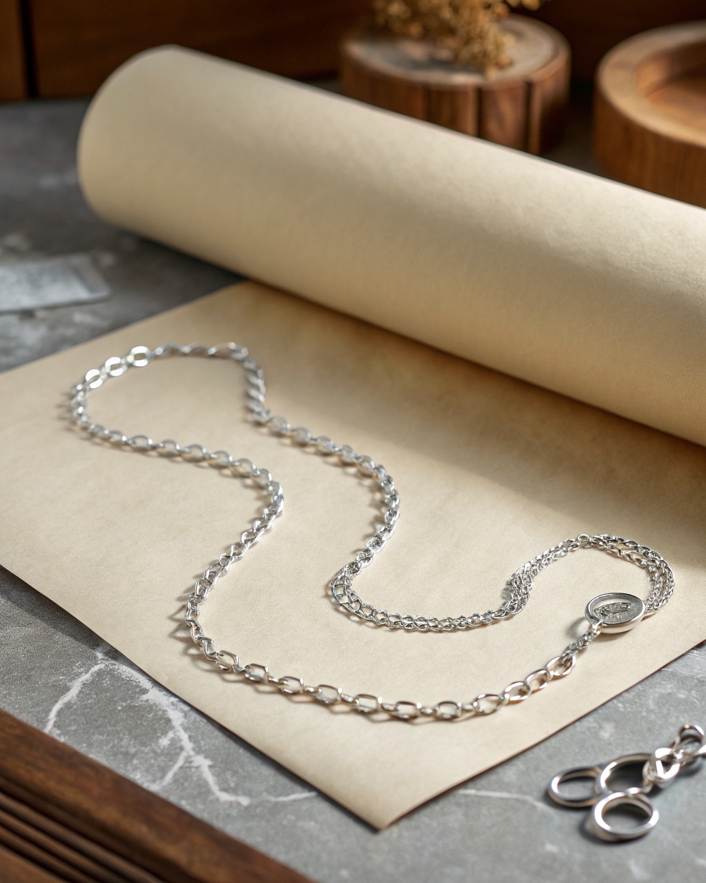 fine sterling silver cable chain necklace coiled loosely on a pale stone surface with the spring-ring clasp in focus